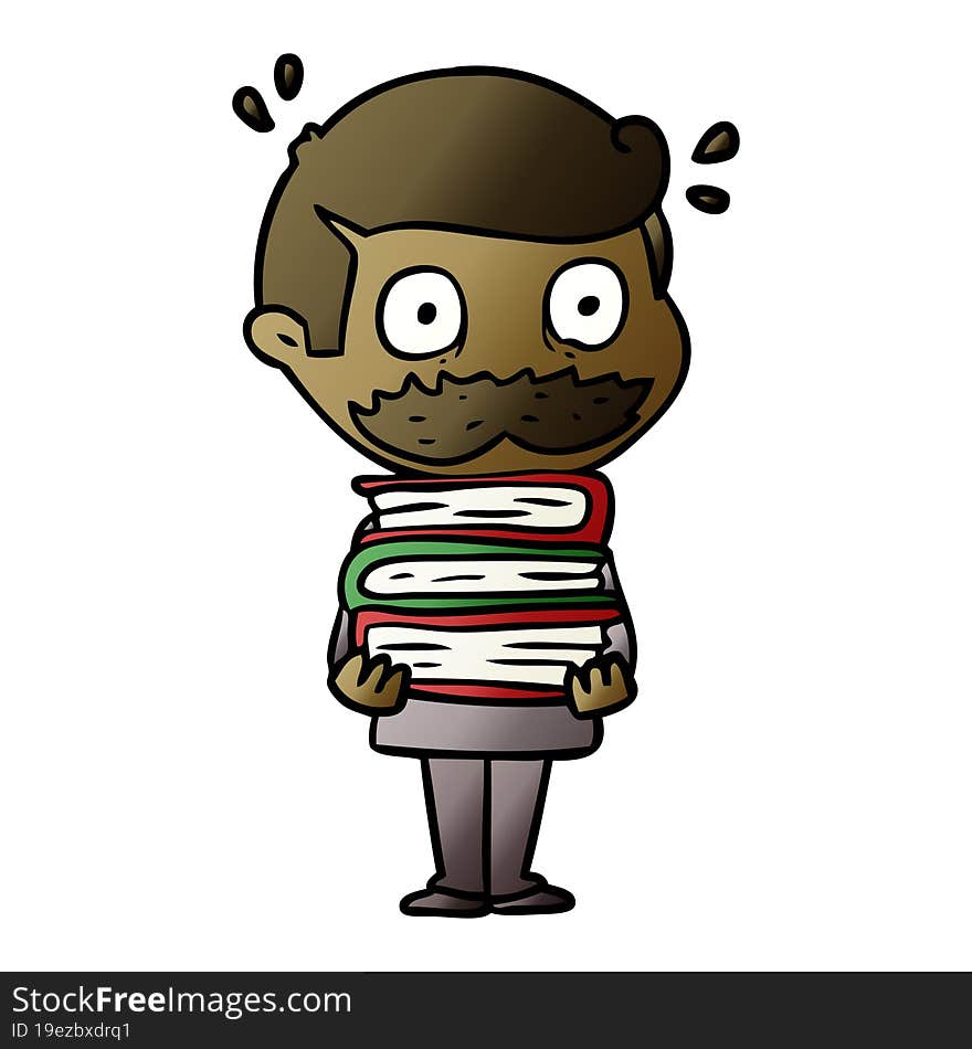 cartoon man with mustache and books. cartoon man with mustache and books