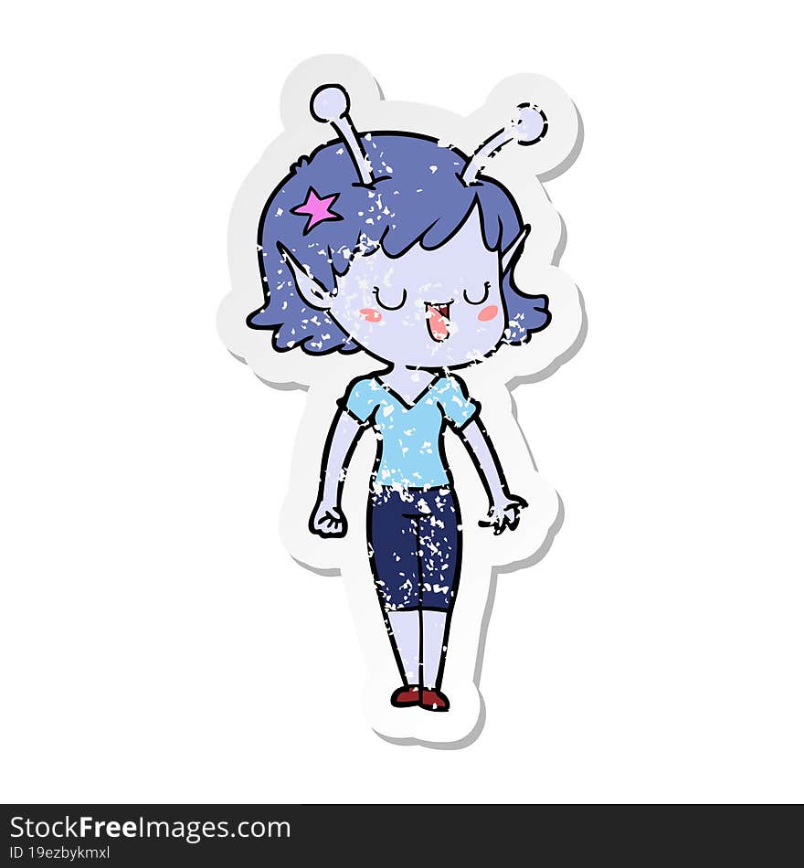 distressed sticker of a happy alien girl cartoon