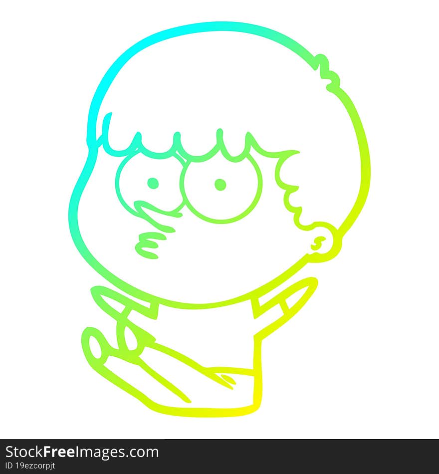 cold gradient line drawing of a cartoon boy sat waiting