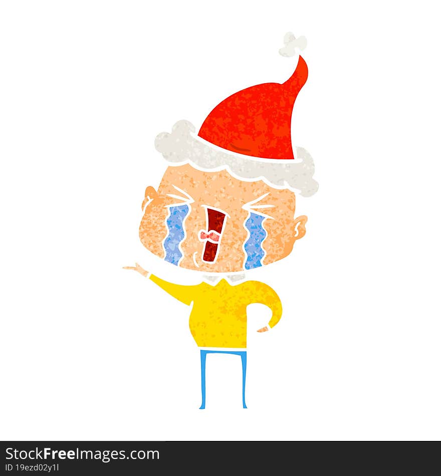 retro cartoon of a crying bald man wearing santa hat