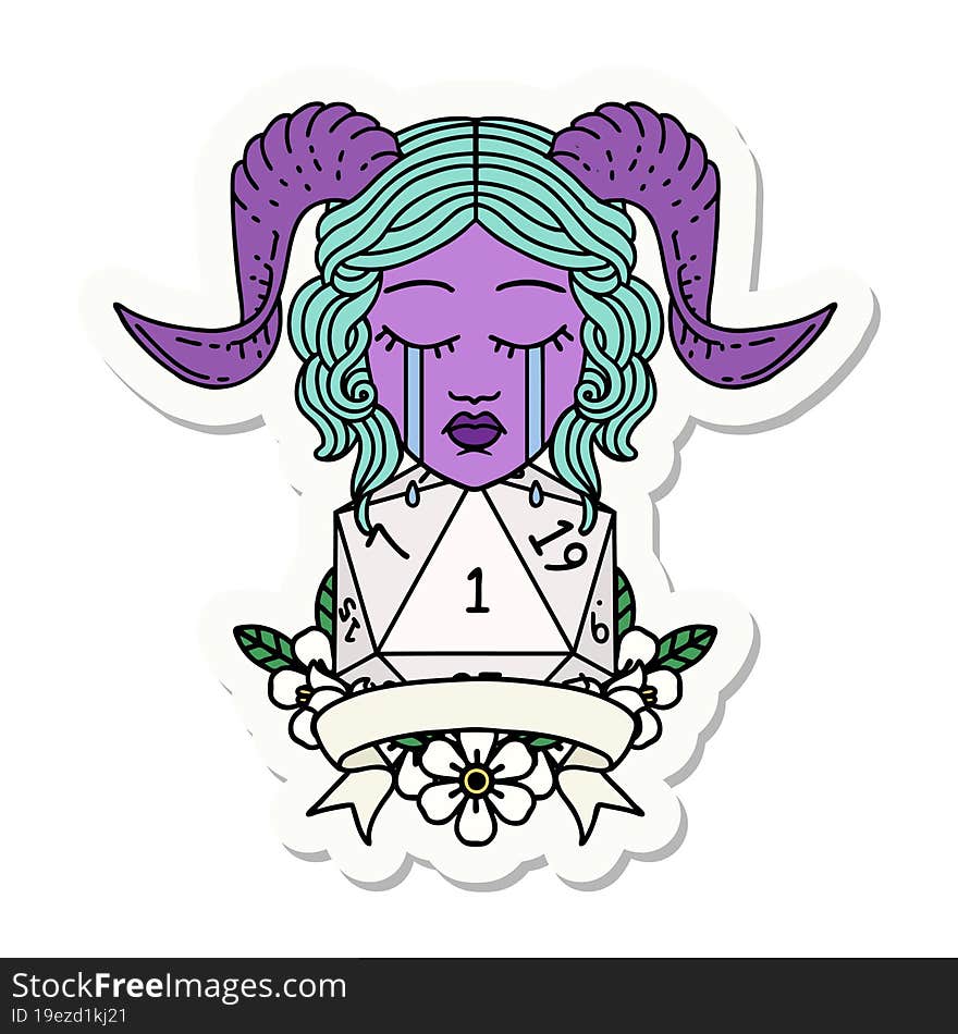 sticker of a crying tiefling face with natural 1 D20 Dice. sticker of a crying tiefling face with natural 1 D20 Dice