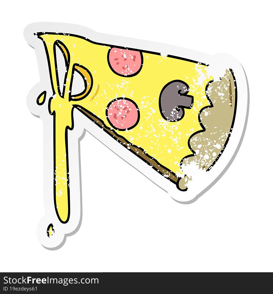 distressed sticker of a quirky hand drawn cartoon slice of pizza