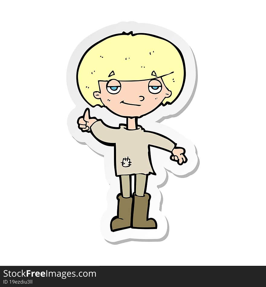 sticker of a cartoon boy in poor clothing giving thumbs up symbol