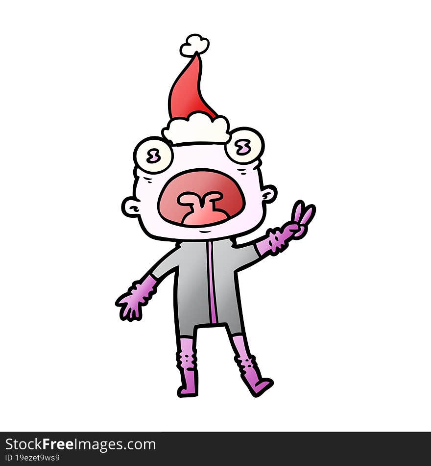 hand drawn gradient cartoon of a weird alien waving wearing santa hat