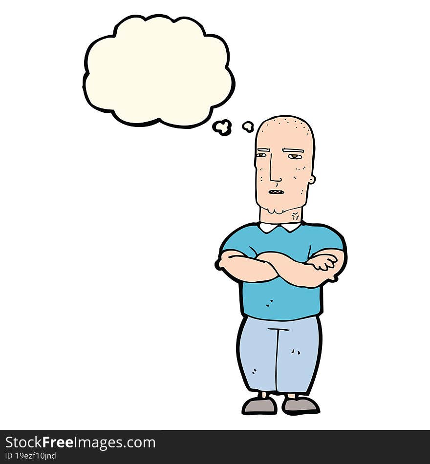 cartoon annoyed bald man with thought bubble