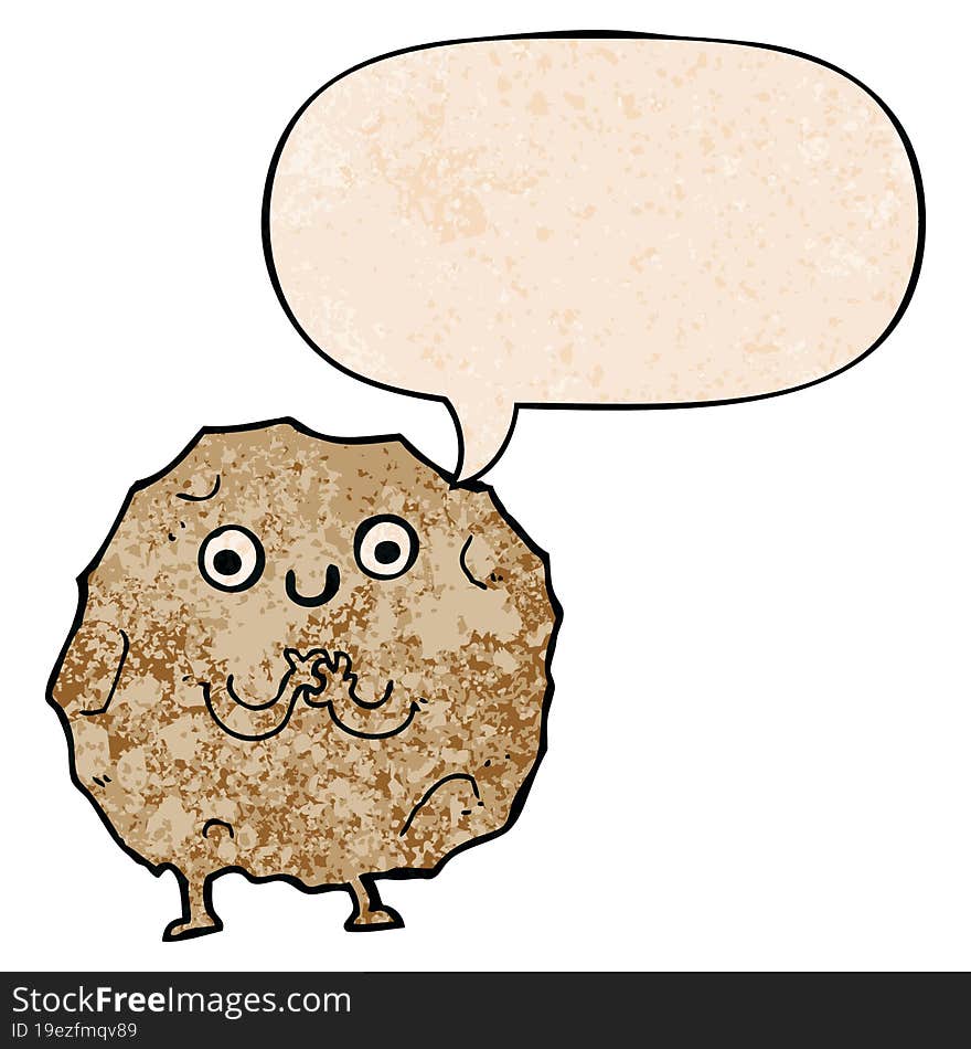 cartoon rock character and speech bubble in retro texture style