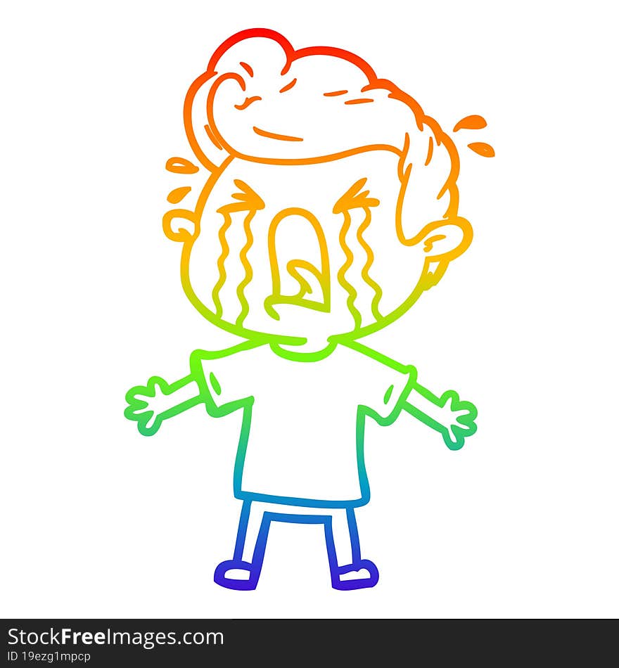 rainbow gradient line drawing of a cartoon crying man