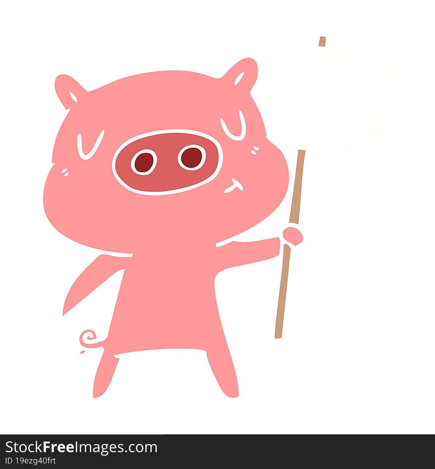 flat color style cartoon content pig signpost;sign