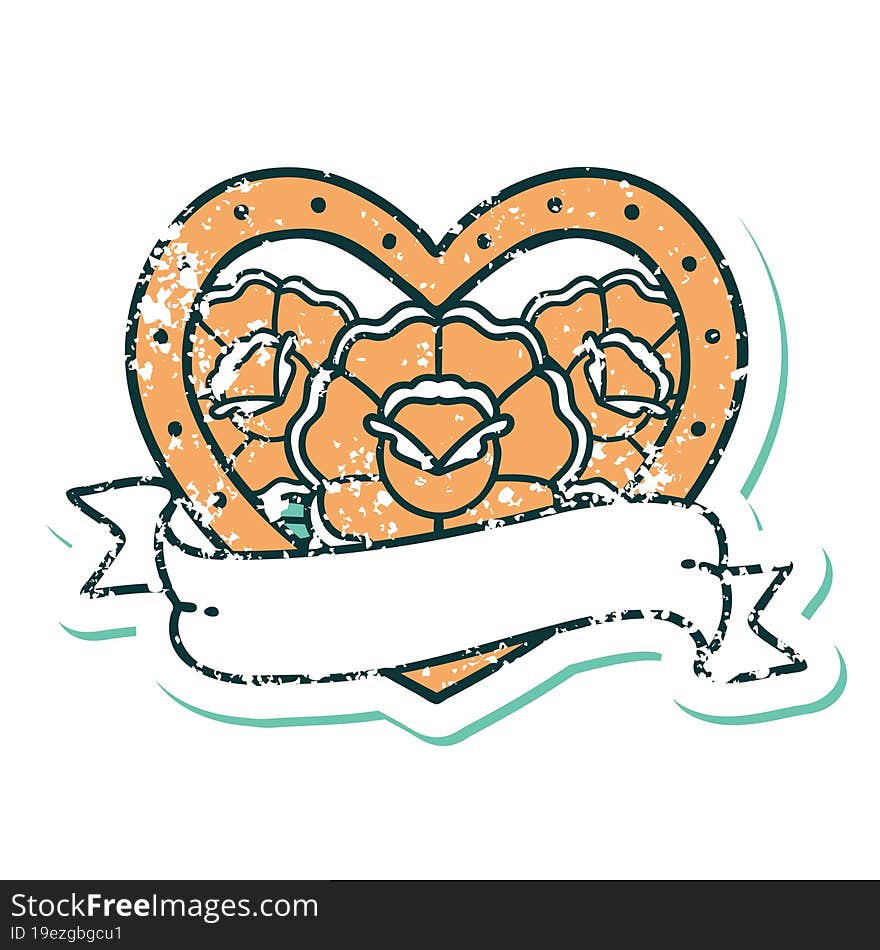 Distressed Sticker Tattoo Style Icon Of A Heart And Banner With Flowers