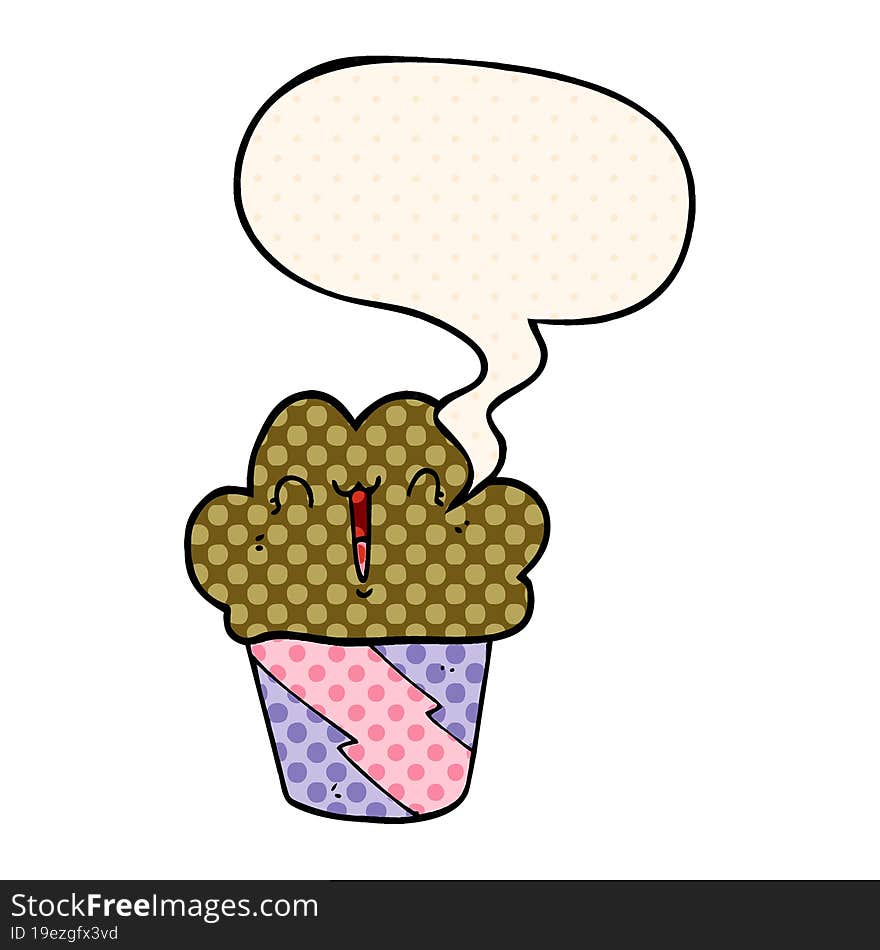 cartoon cupcake and face and speech bubble in comic book style