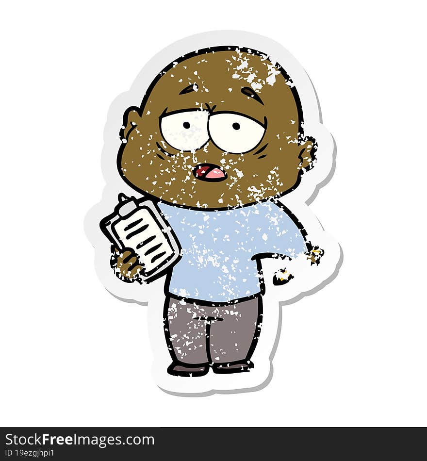 Distressed Sticker Of A Cartoon Tired Bald Man