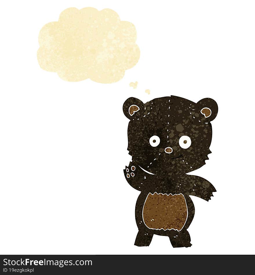 cartoon waving black bear with thought bubble