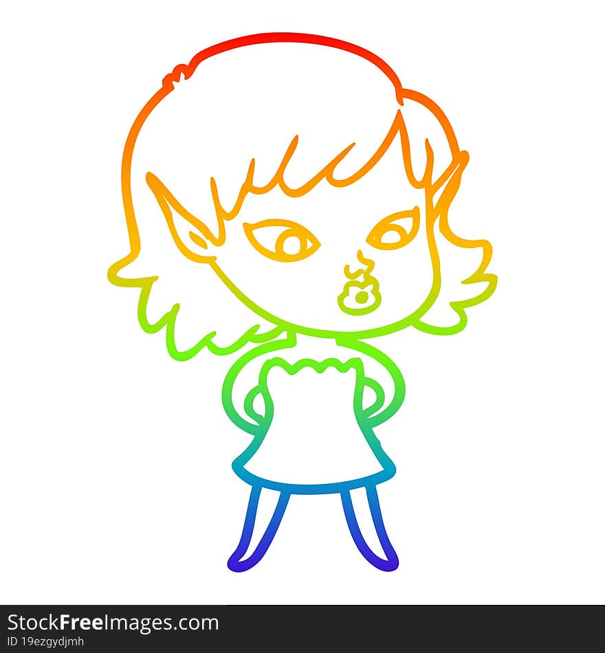 rainbow gradient line drawing of a pretty cartoon elf girl