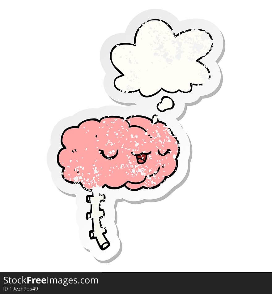 happy cartoon brain and thought bubble as a distressed worn sticker