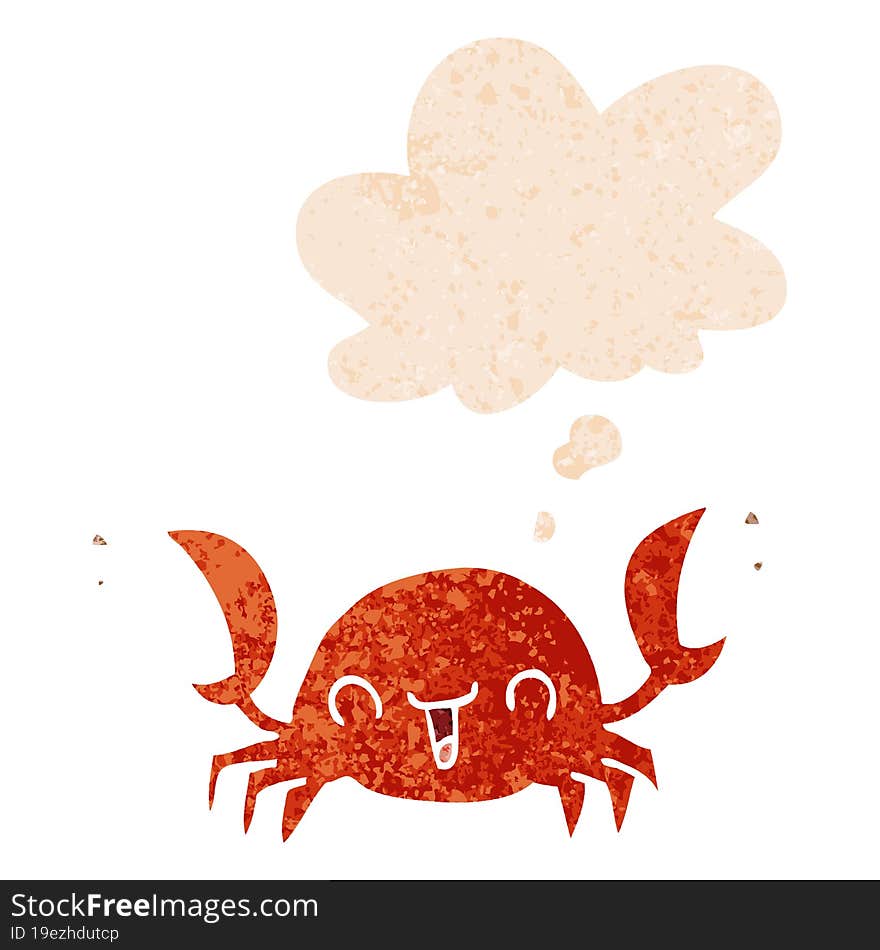 cartoon crab and thought bubble in retro textured style