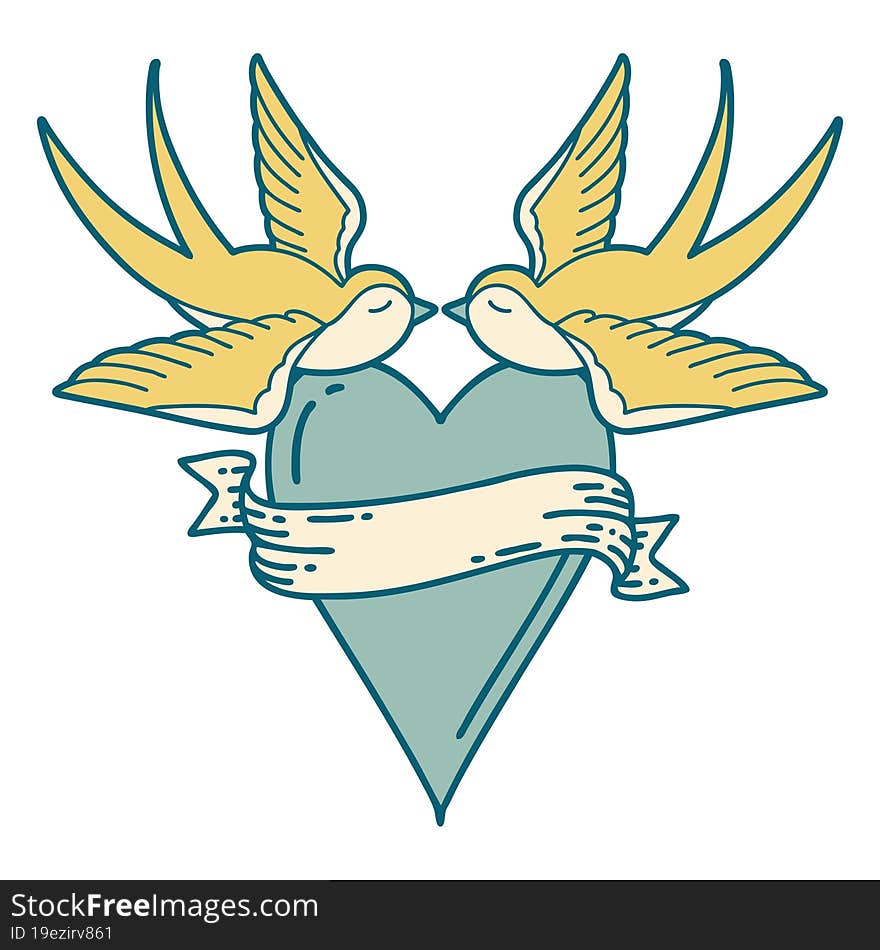 Tattoo Style Icon Of A Swallows And A Heart With Banner