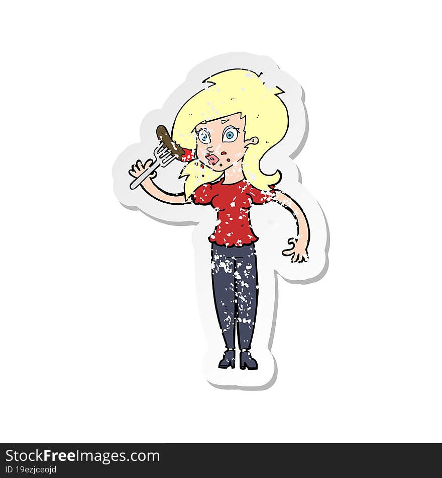 retro distressed sticker of a cartoon woman eating hotdog