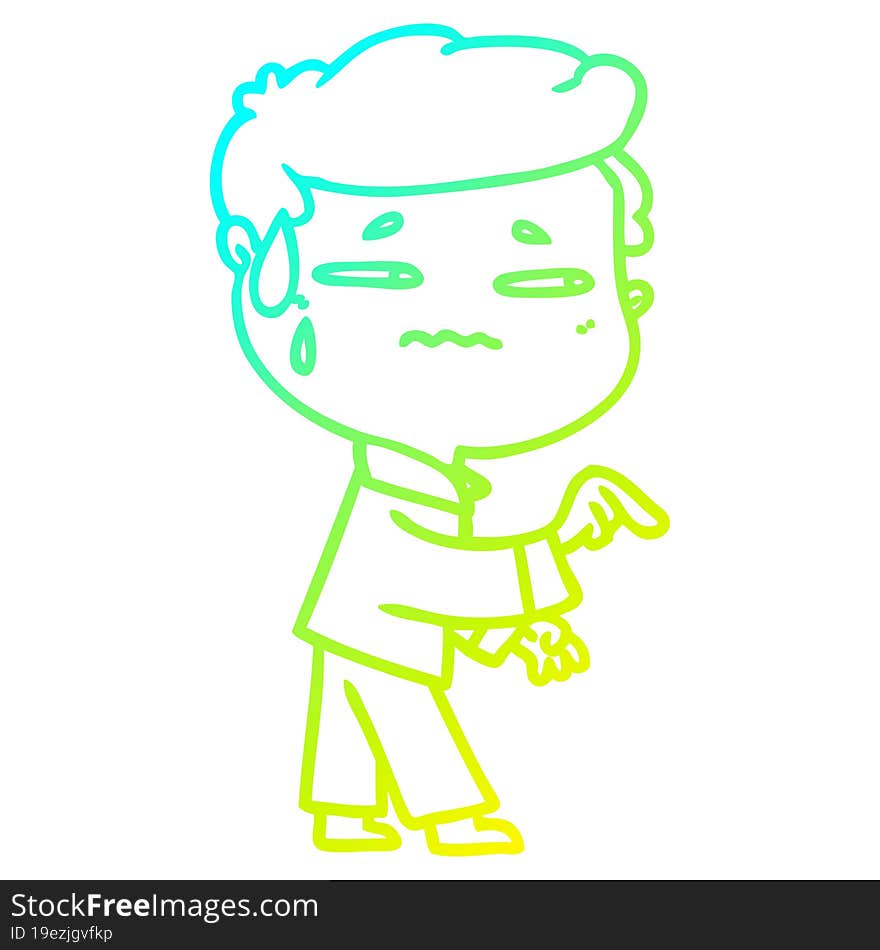 cold gradient line drawing of a cartoon anxious man pointing