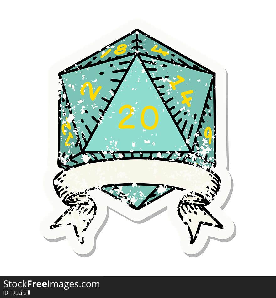 natural 20 critical hit D20 dice roll grunge sticker