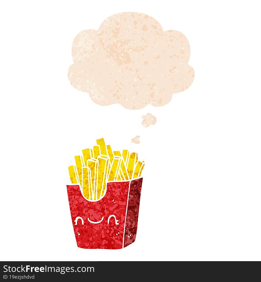 cartoon fries in box and thought bubble in retro textured style