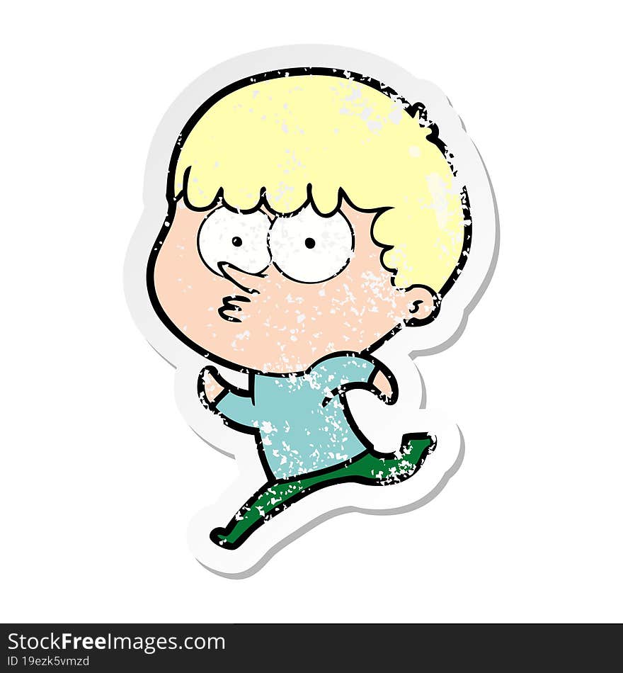 Distressed Sticker Of A Cartoon Curious Boy Running