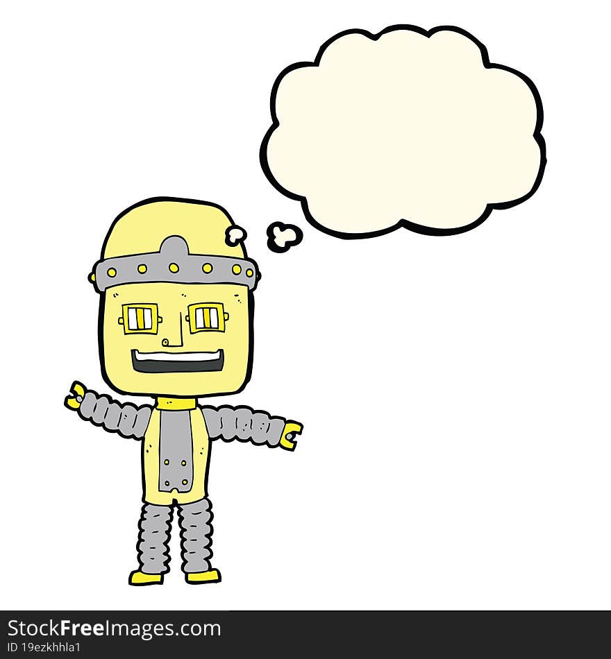 cartoon waving robot with thought bubble