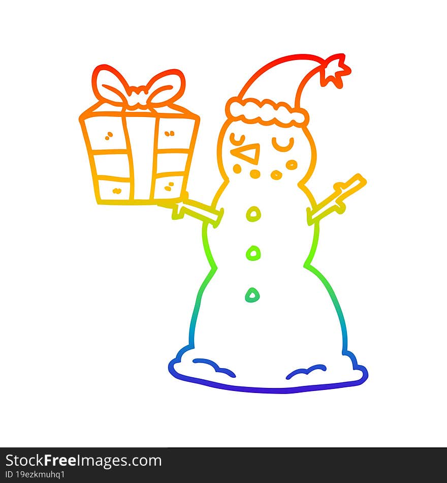 Rainbow Gradient Line Drawing Cartoon Snowman With Present