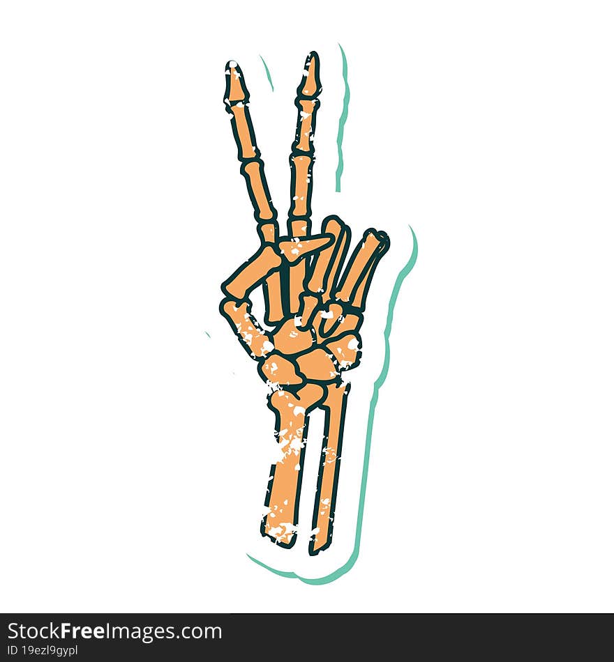 distressed sticker tattoo style icon of a skeleton hand giving a peace sign