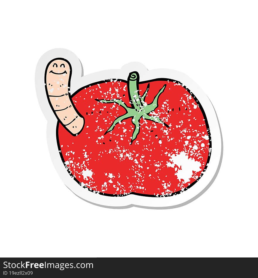 retro distressed sticker of a cartoon tomato with worm