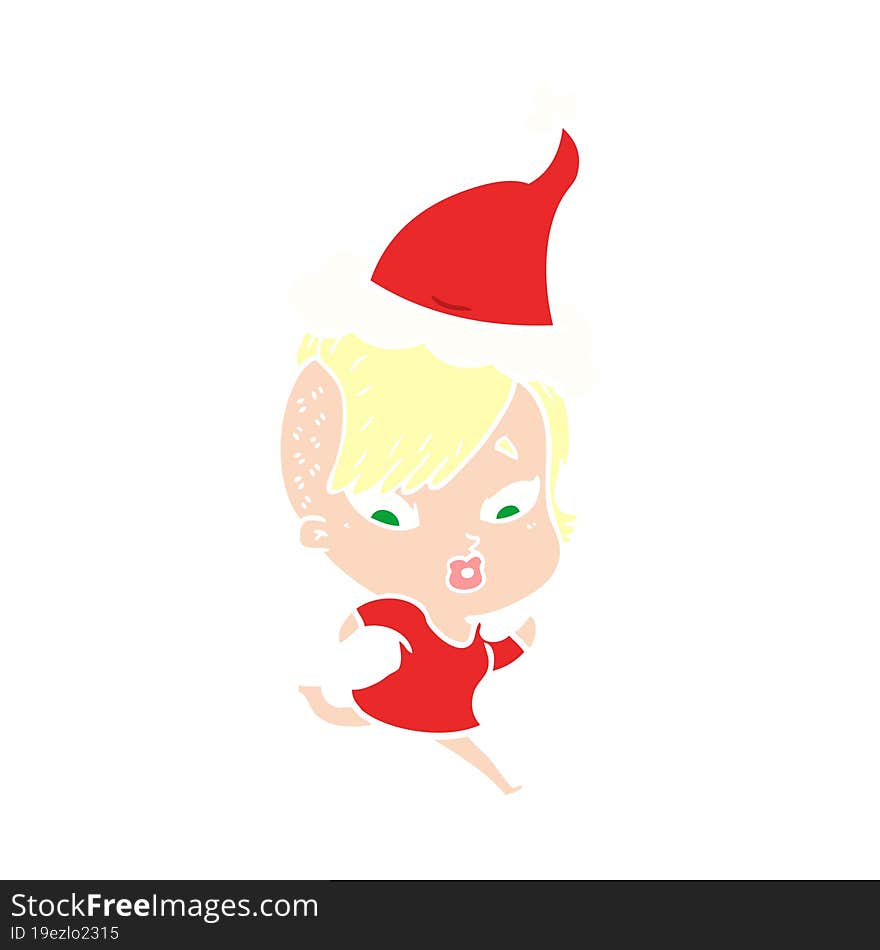 Flat Color Illustration Of A Surprised Girl Wearing Santa Hat