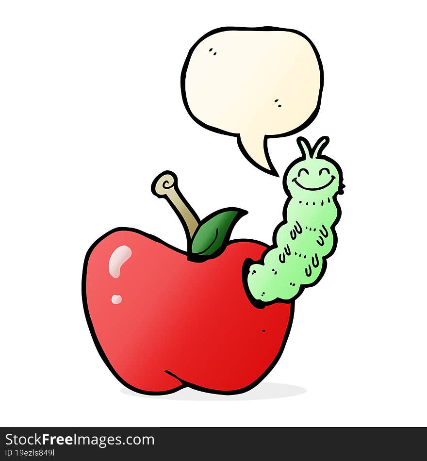 cartoon bug eating apple with speech bubble