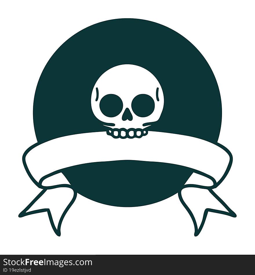 tattoo style icon with banner of a skull