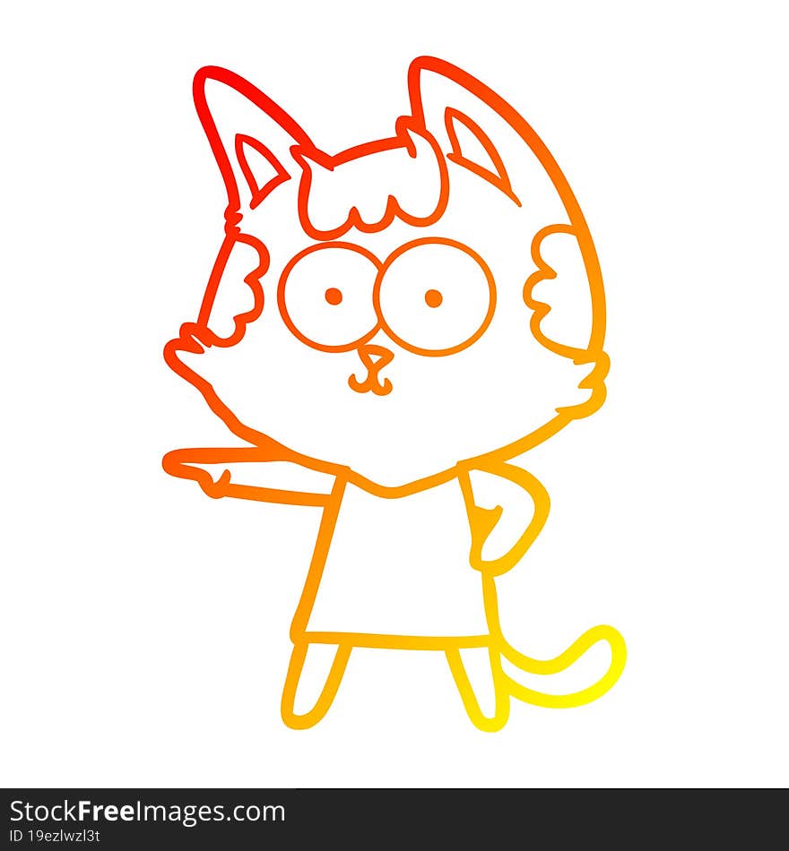 warm gradient line drawing happy cartoon cat in dress pointing