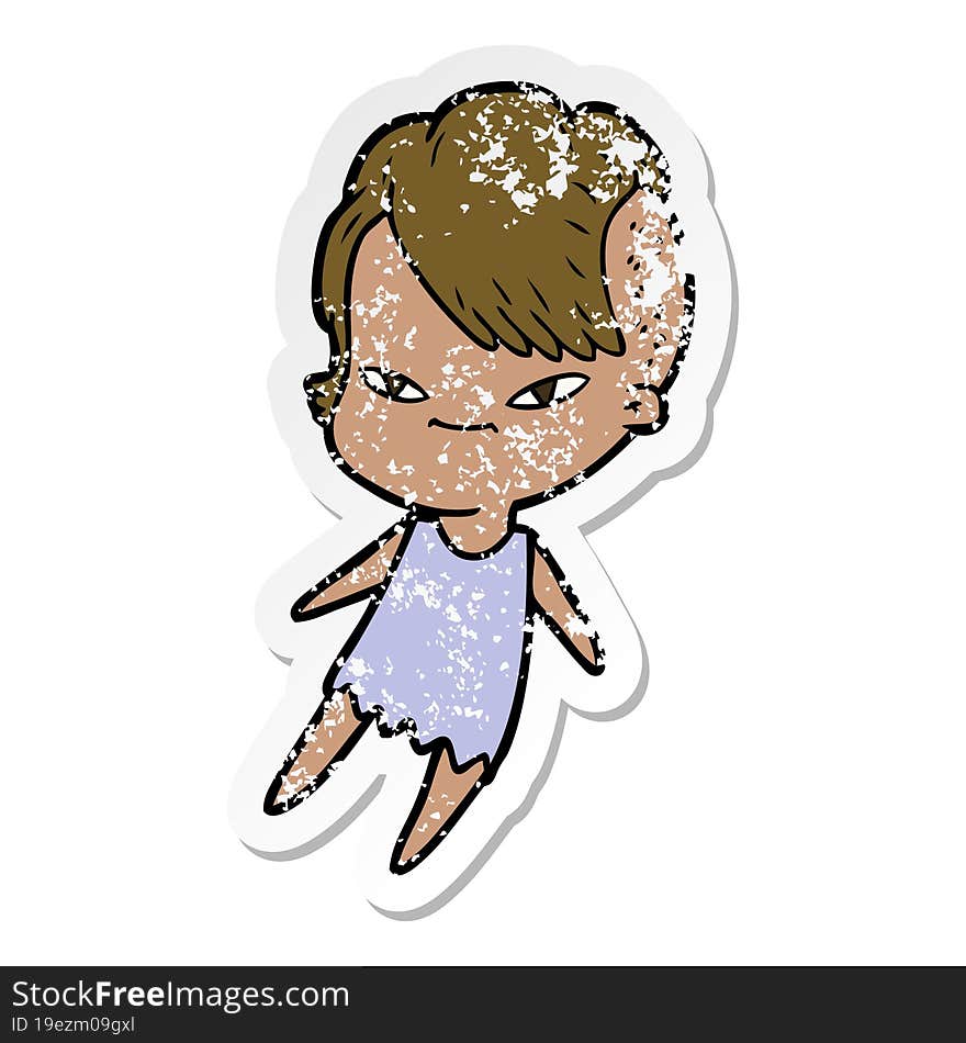 distressed sticker of a cute cartoon girl with hipster haircut