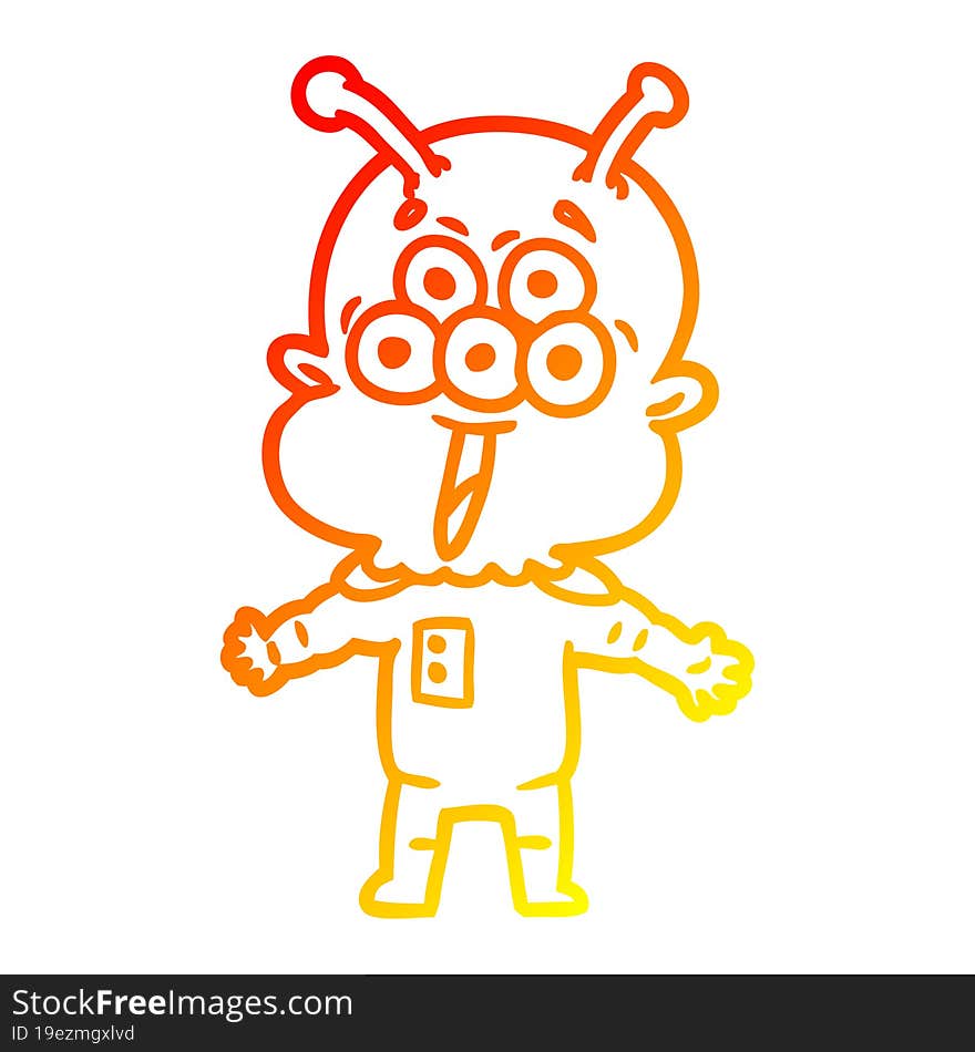 warm gradient line drawing of a happy cartoon alien