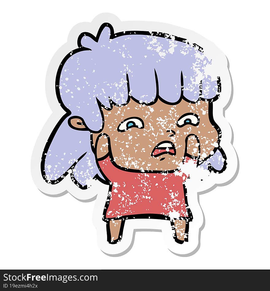 distressed sticker of a cartoon worried woman