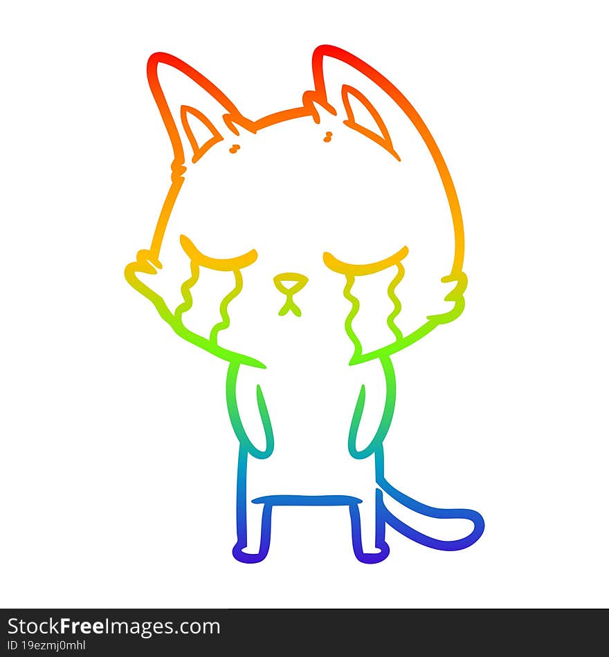 rainbow gradient line drawing of a crying cartoon cat