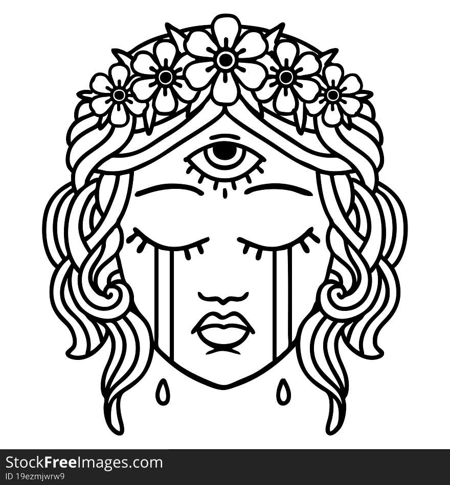 Black Line Tattoo Of Female Face With Third Eye Crying