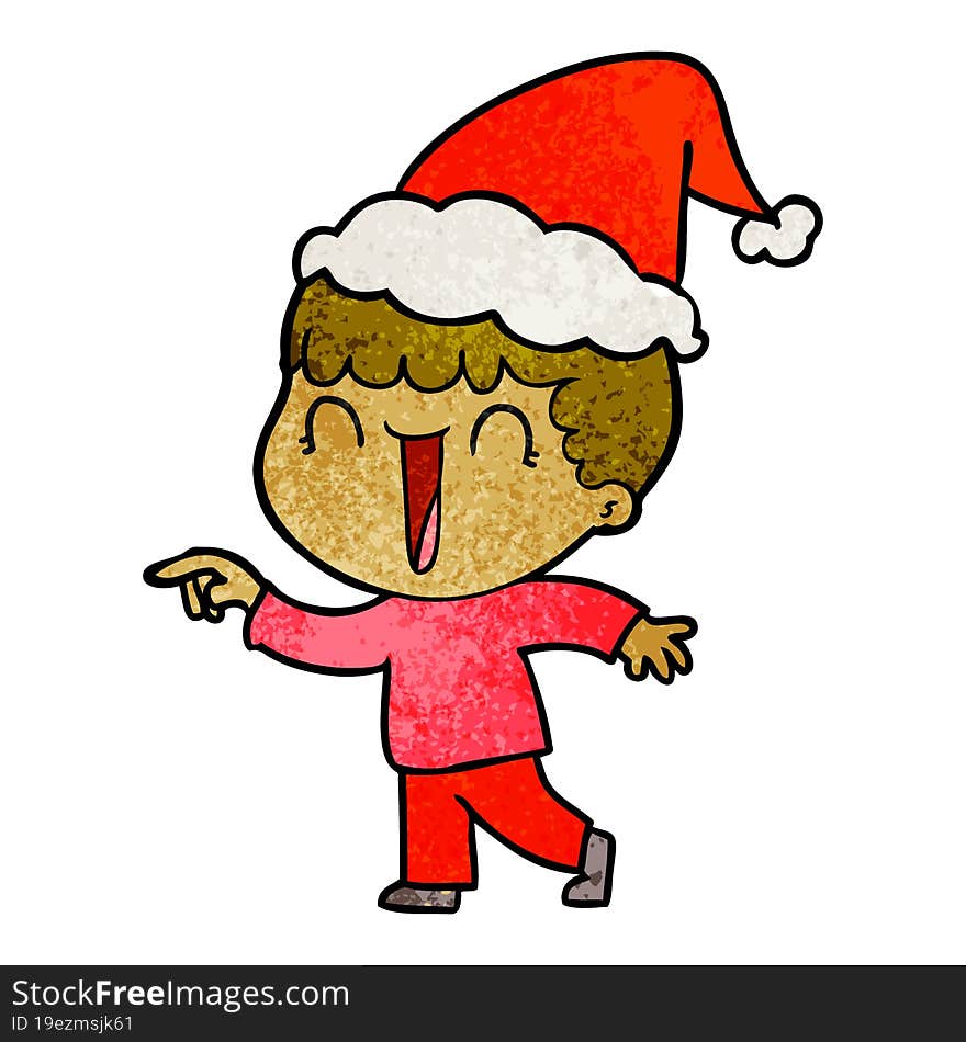 laughing hand drawn textured cartoon of a man pointing wearing santa hat. laughing hand drawn textured cartoon of a man pointing wearing santa hat