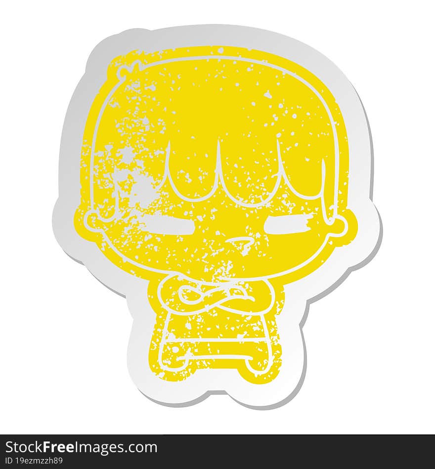 distressed old cartoon sticker of a kawaii cute cross boy