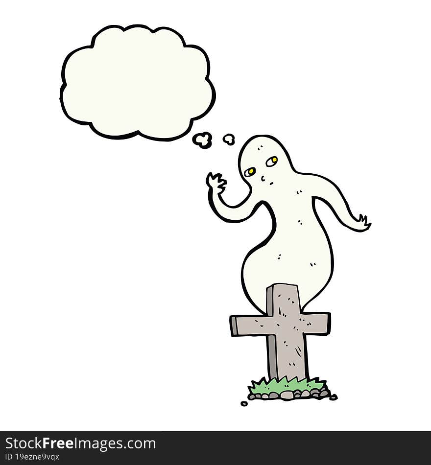 cartoon ghost rising from grave with thought bubble