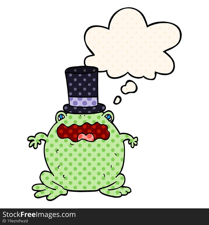 cartoon toad wearing top hat with thought bubble in comic book style