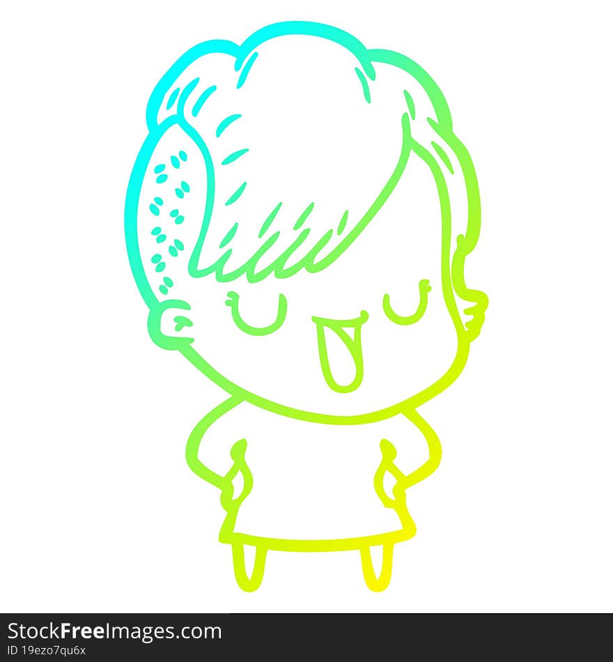 cold gradient line drawing of a cute cartoon girl with hipster haircut