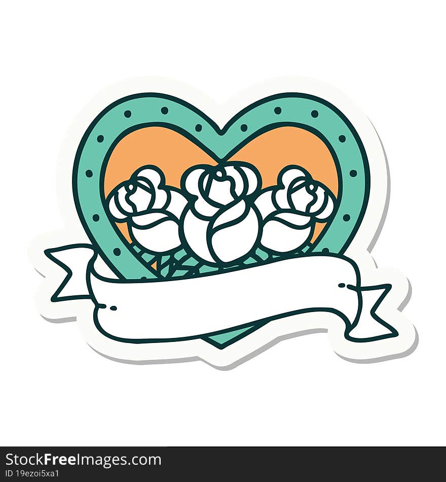 Tattoo Style Sticker Of A Heart And Banner With Flowers