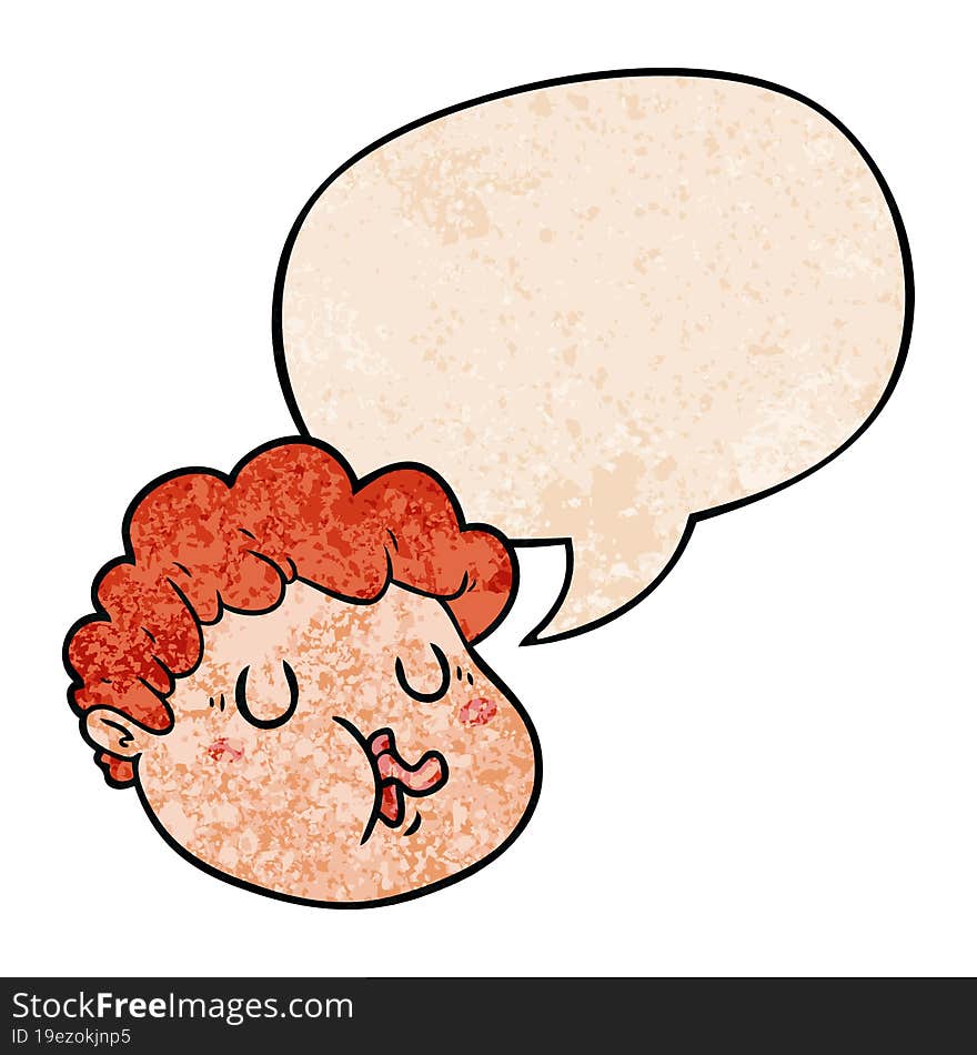 cartoon male face and speech bubble in retro texture style