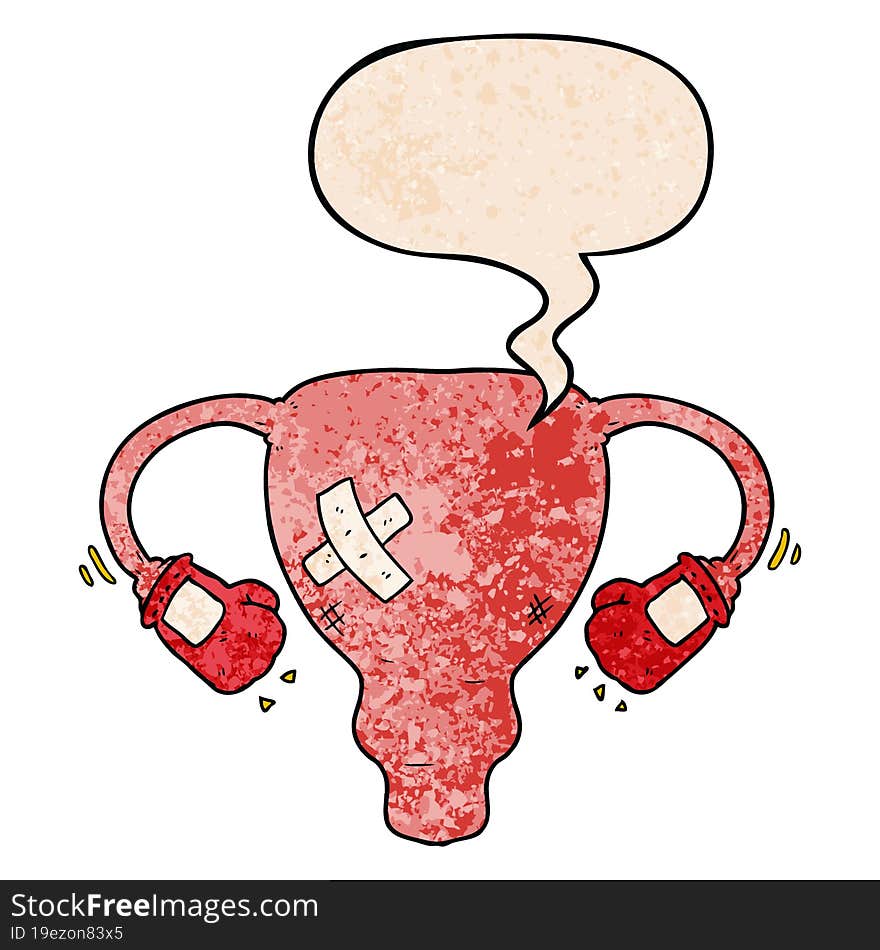 cartoon beat up uterus with boxing gloves with speech bubble in retro texture style. cartoon beat up uterus with boxing gloves with speech bubble in retro texture style