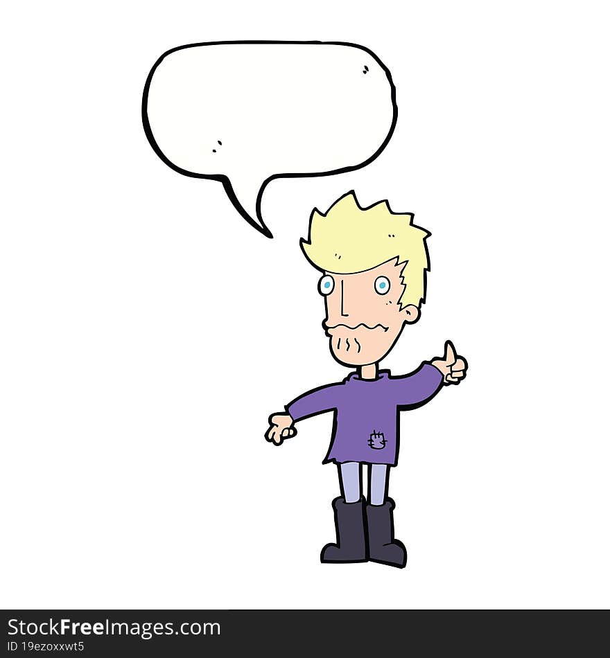 cartoon worried man giving thumbs up symbol with speech bubble