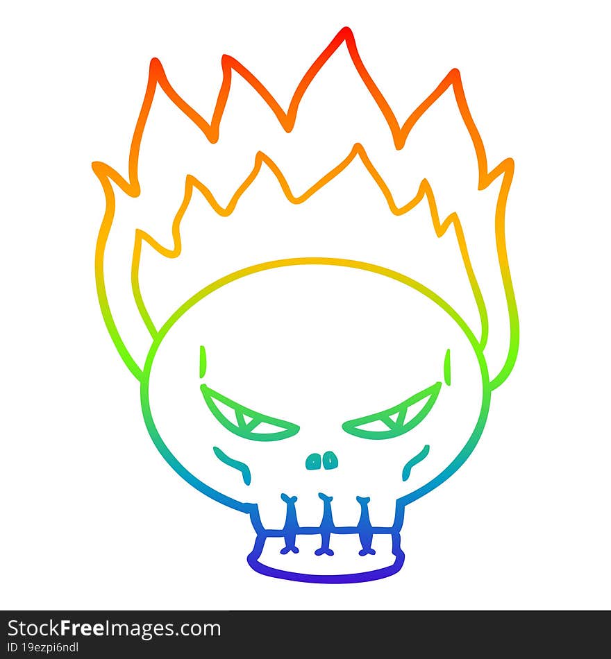 rainbow gradient line drawing of a cartoon flaming skull