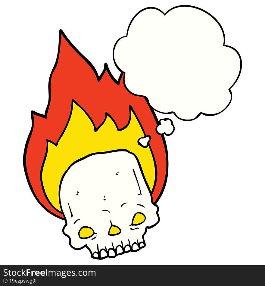 spooky cartoon flaming skull and thought bubble