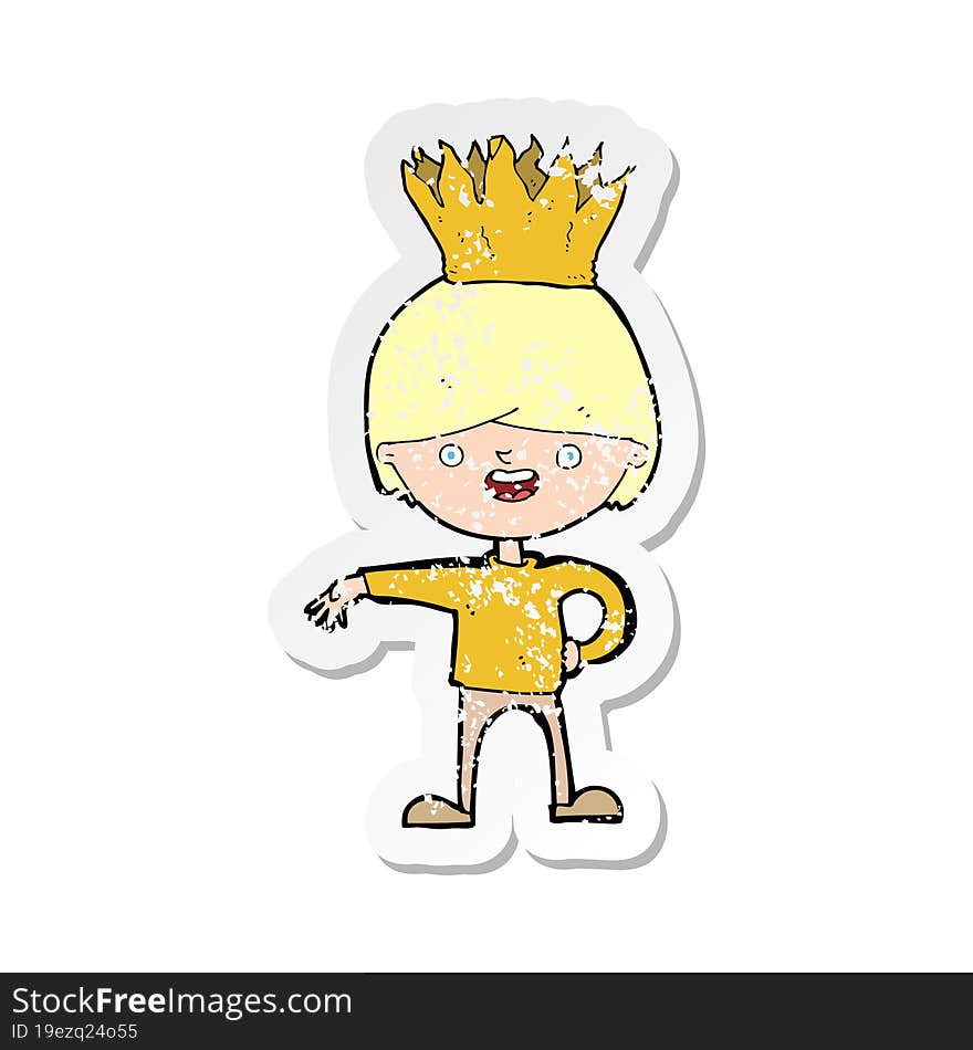 retro distressed sticker of a cartoon person wearing crown